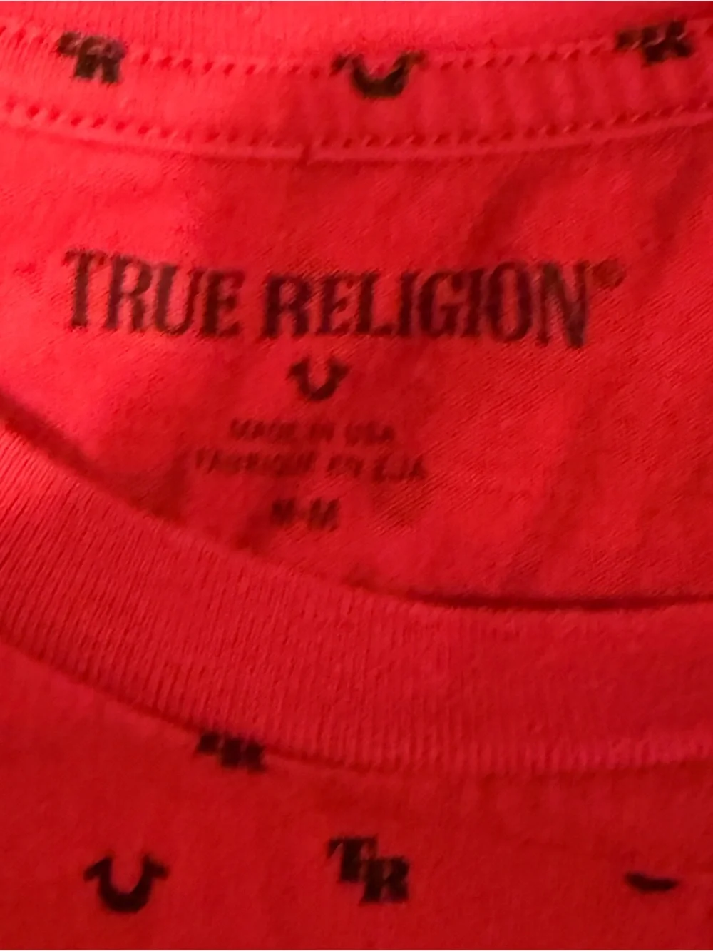 True Religion Men’s Red All Over Horseshoe Logo Print T-Shirt Size M